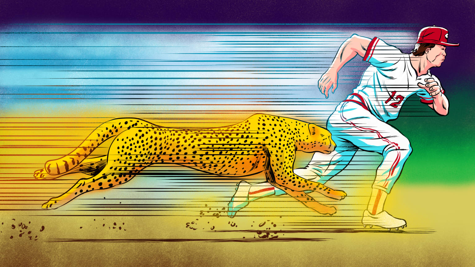 An illustration of a Reds player racing a cheetah