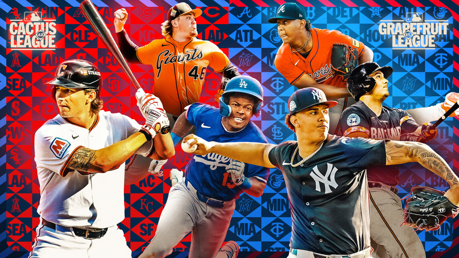 Six prospects in action this spring: The Guardians' Chase DeLauter, the Giants' Blade Tidwell, the Dodgers' Kendall George, the Braves' Didier Fuentes, the Yankees' Carlos Lagrange and the Orioles' Samuel Basallo