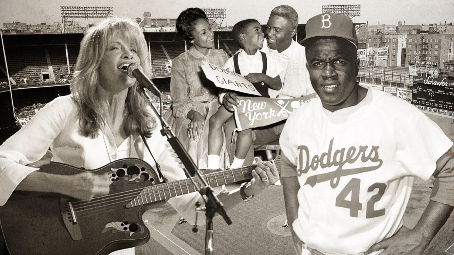 A black-and-white photo illustration of singer Carly Simon, the Robinson family, and Jackie Robinson in uniform, all over a wide view of Ebbets Field