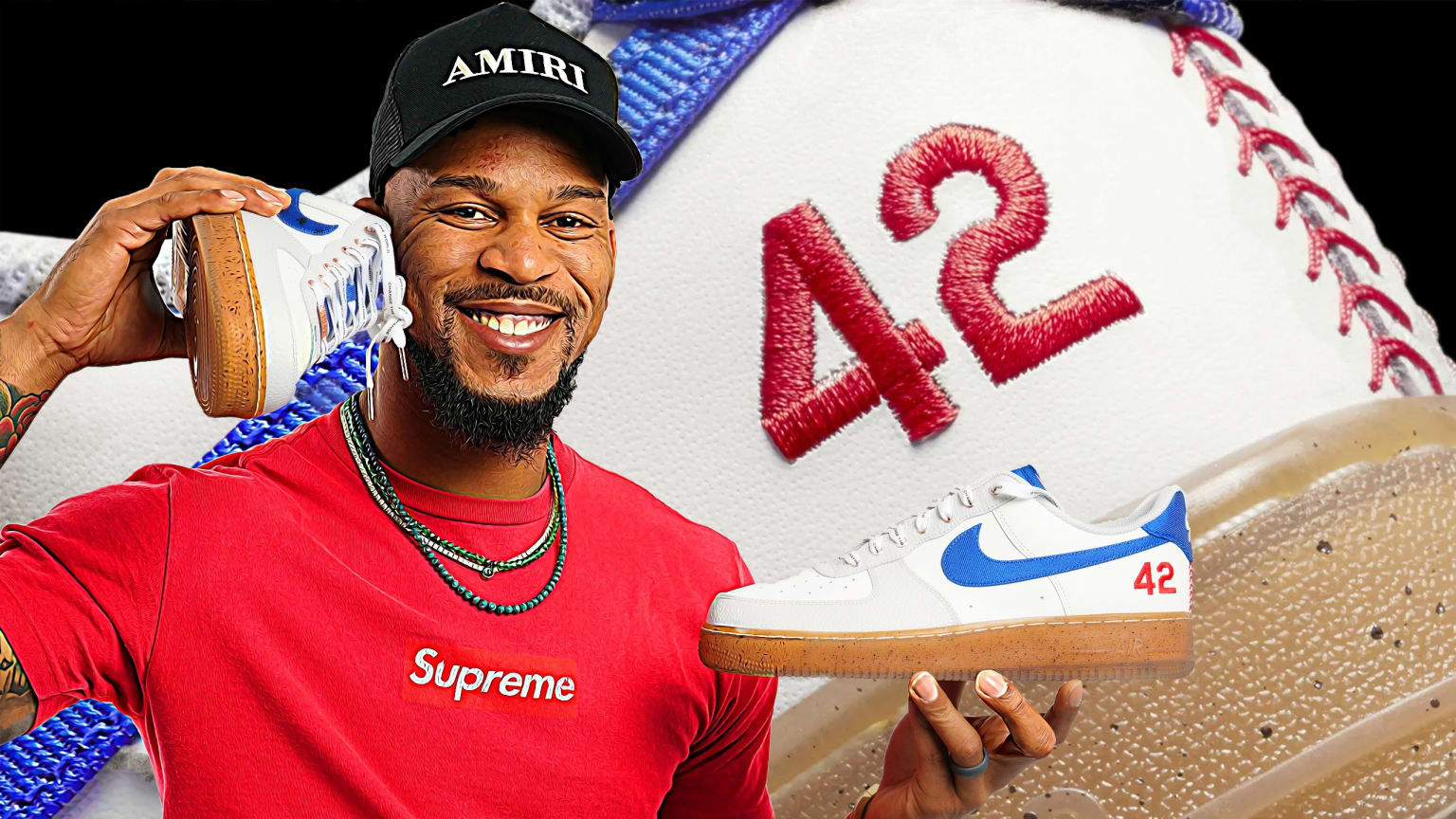 A photo illustration of Byron Buxton holding a pair of Nike sneakers in front of a detail of one of the shoes