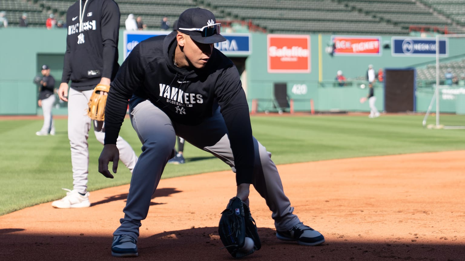 Aaron Judge fields a ground ball at third base during batting practice