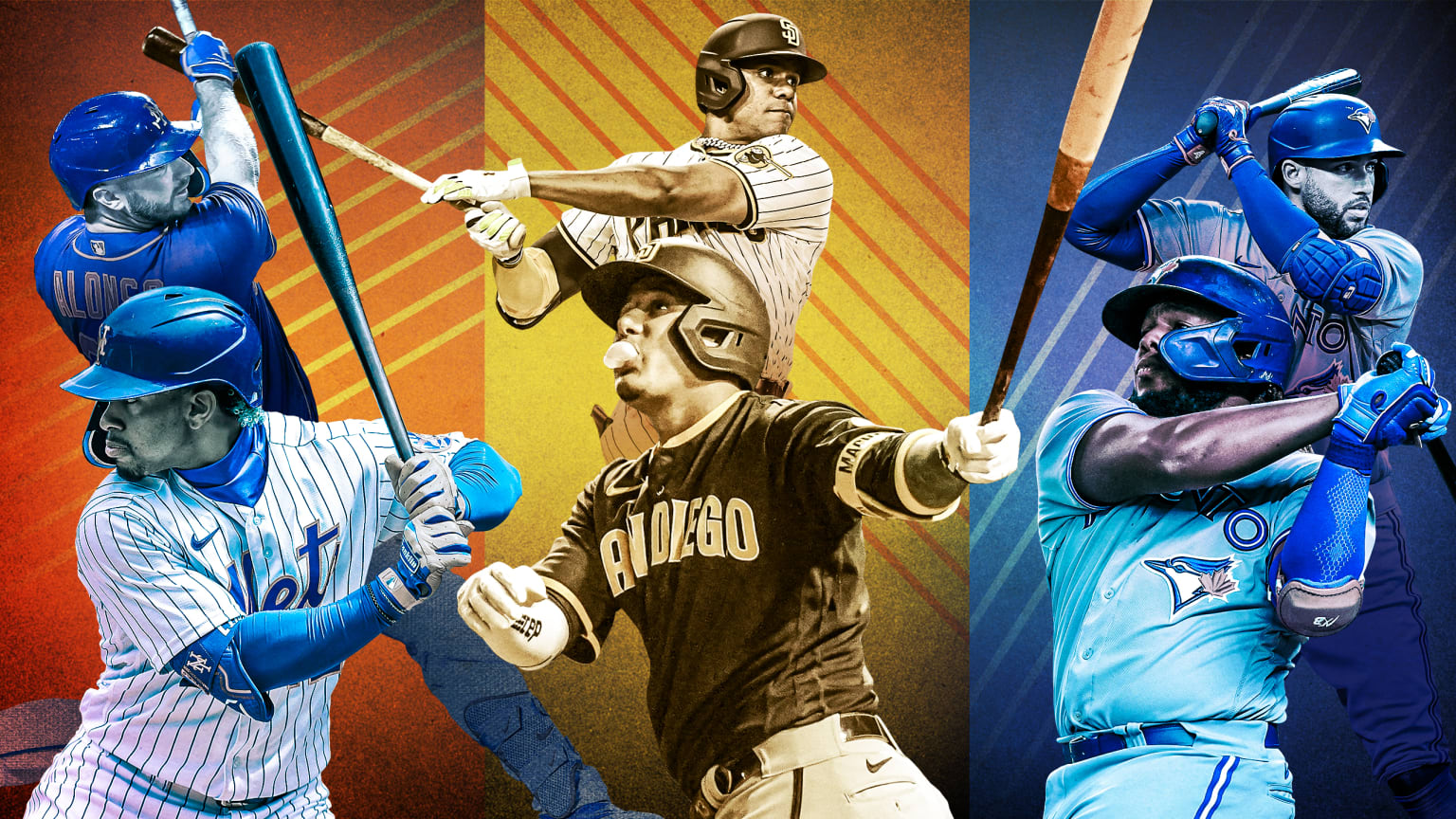 A photo illustration showing two Mets hitters, two Padres hitters and two Blue Jays hitters