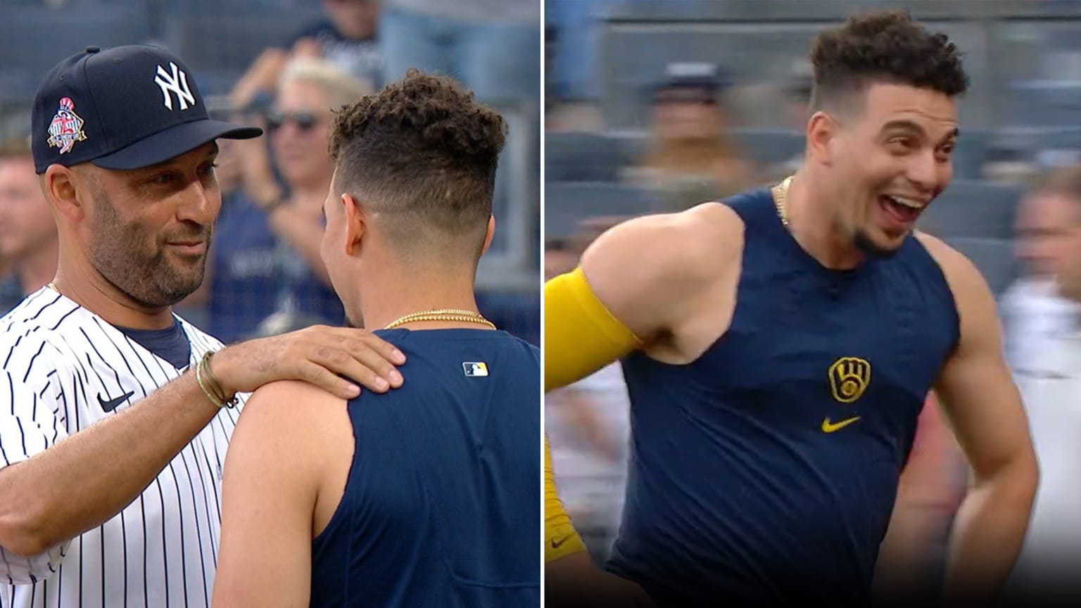 A split photo of Derek Jeter meeting Willy Adames and Adames expressing joy afterward