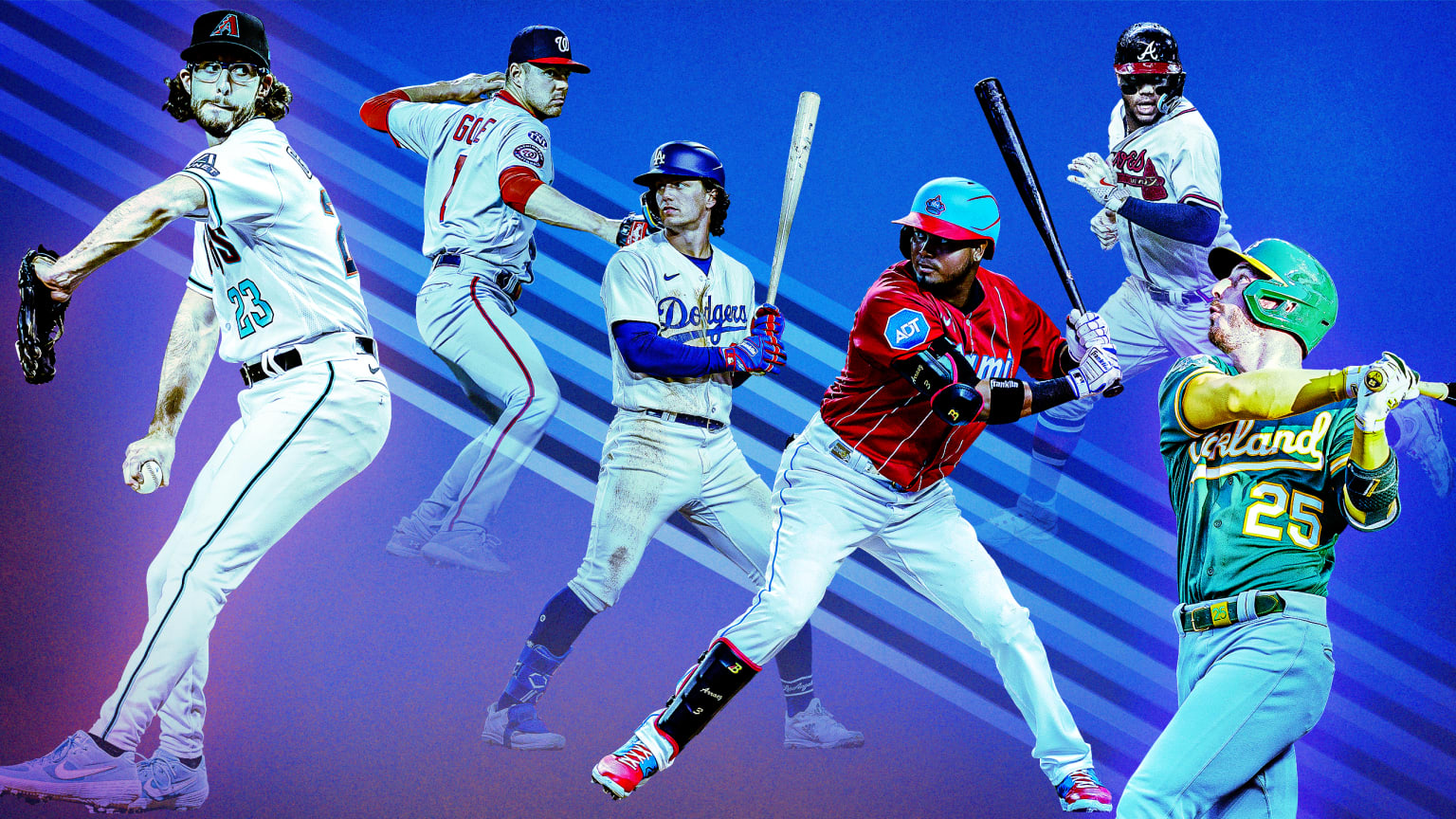 Zac Gallen, MacKenzie Gore, James Outman, Luis Arraez, Ronald Acuña Jr. and Brent Rooker are pictured in front of a blue and purple background 