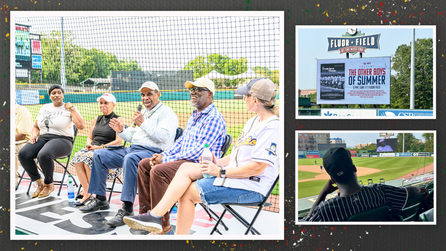 In three images, 5 people sit on chairs near a ballfield in a panel discussion, a stadium video board shows ''The Other Boys of Summer'' and a fan watches from the ballpark seats