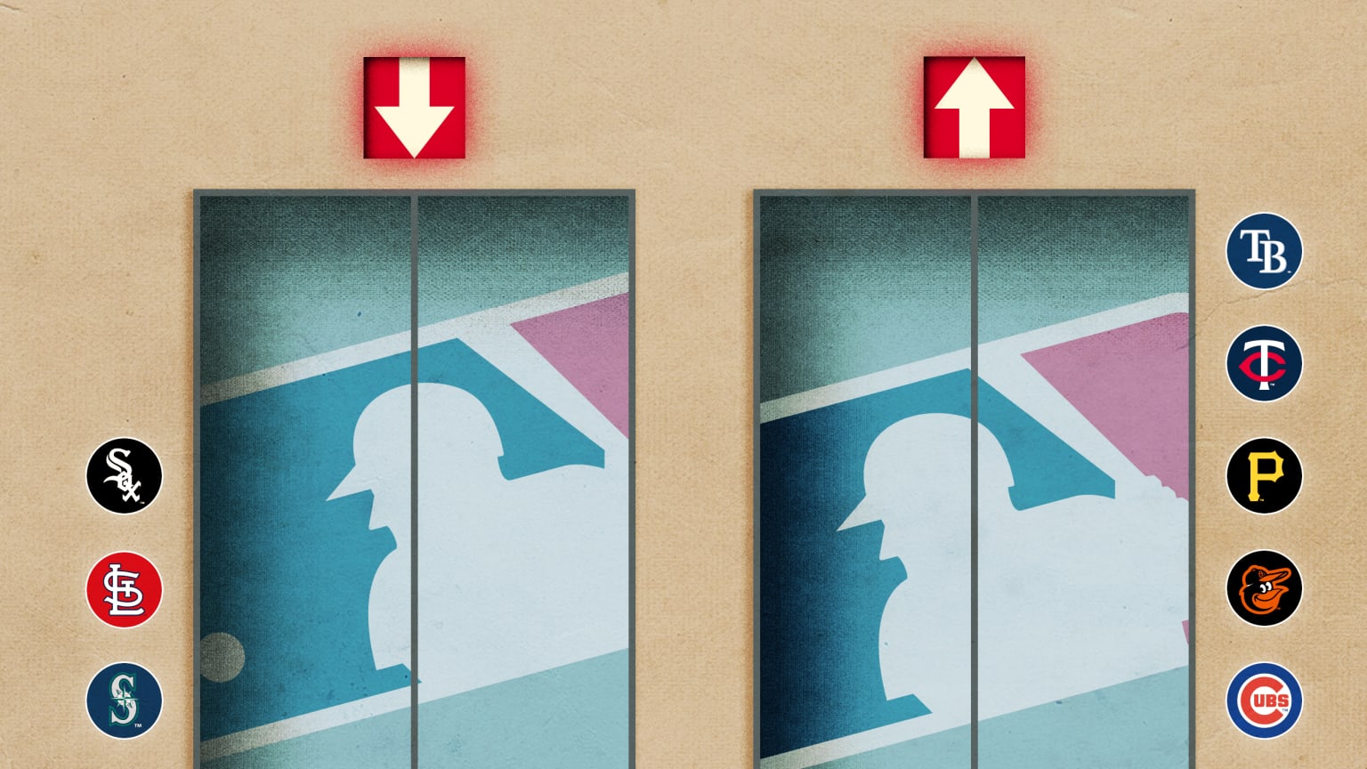 A photo illustration shows a pair of elevator doors with team logos next to them