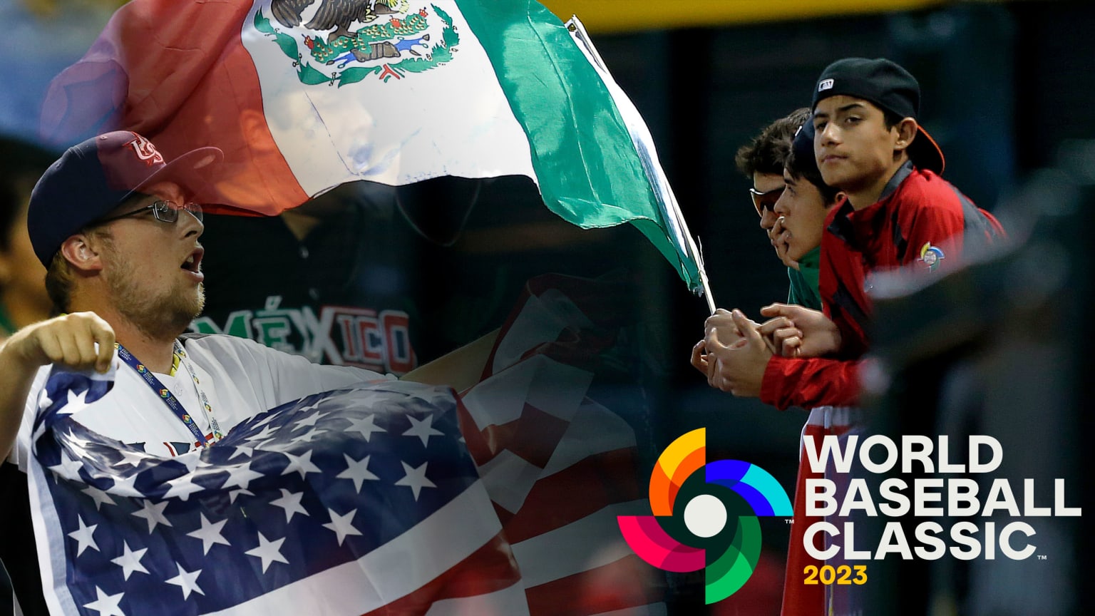 A split image shows a fan waving a United States flag and fans wearing Mexico gear