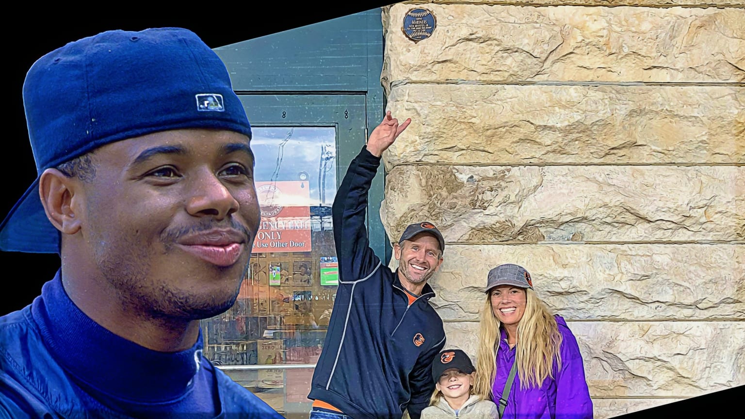 A split photo shows Ken Griffey Jr. smirking and a family in front of the Camden Yards warehouse