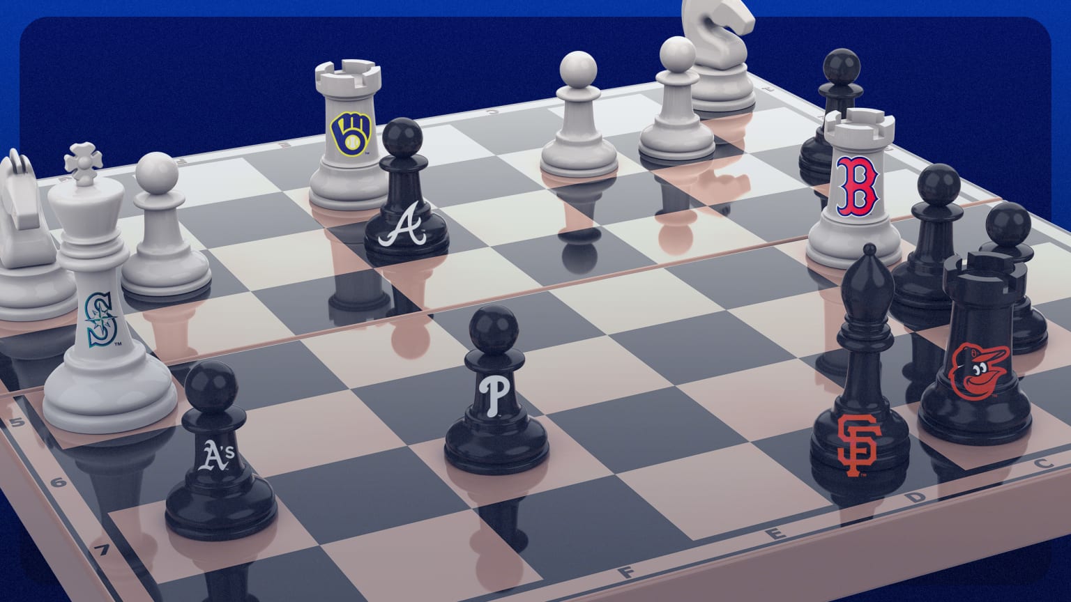 A chessboard with the logos of the Mariners, A's, Brewers, Braves, Phillies, Red Sox, Giants and Orioles on some of the pieces