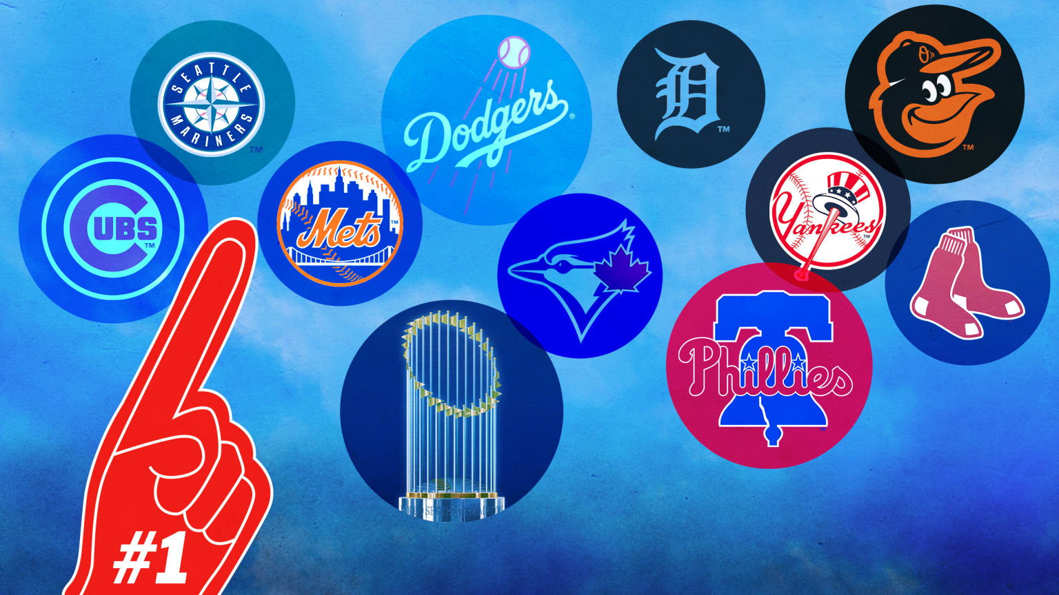 A No. 1 foam finger and logos for the Cubs, Mariners, Mets, Dodgers, Blue Jays, Tigers, Phillies, Yankees, Orioles and Red Sox