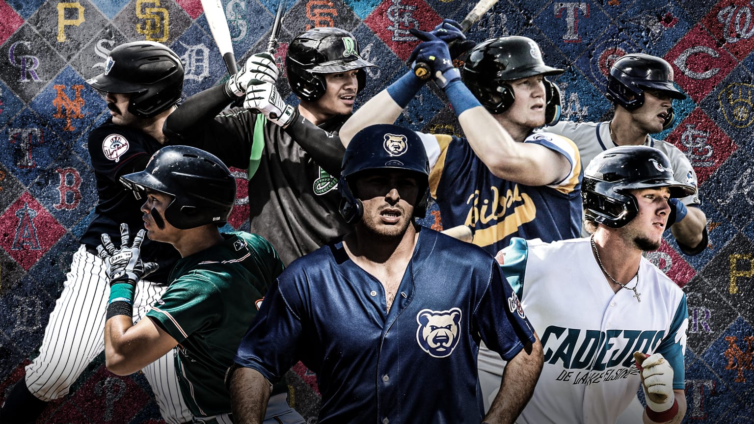 A composite image of 7 prospects against a background of team logos