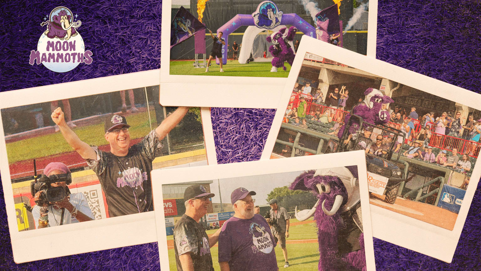 A collage of images showing comedian John Oliver at the debut for the Moon Mammoths in Erie, Pa.