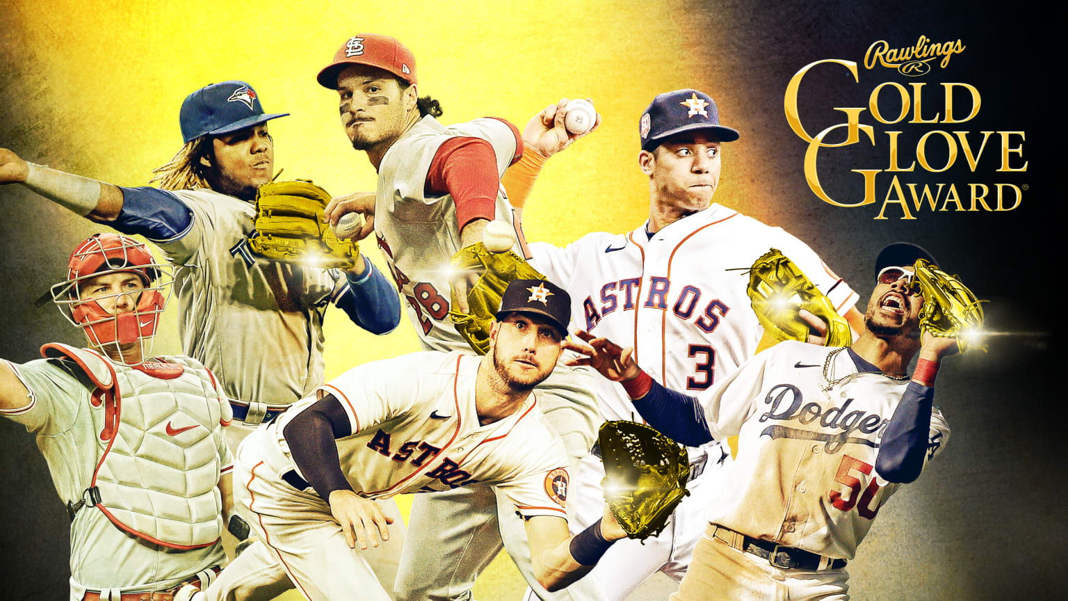 Six players are pictured making defensive plays alongside the Rawlings Gold Glove Award logo.