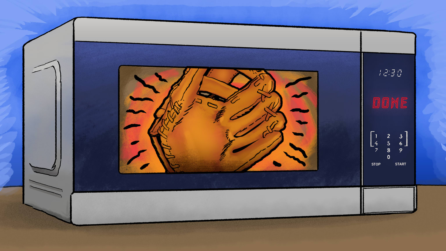 An illustration of a baseball glove in a microwave