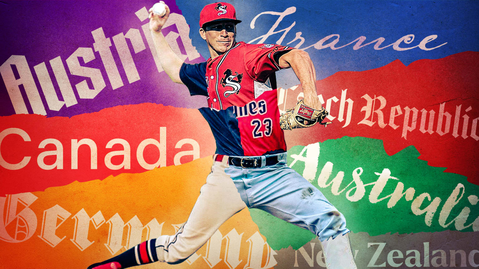 A photo illustration shows Jimmy Jensen pitching in various uniforms with names of countries where he has played