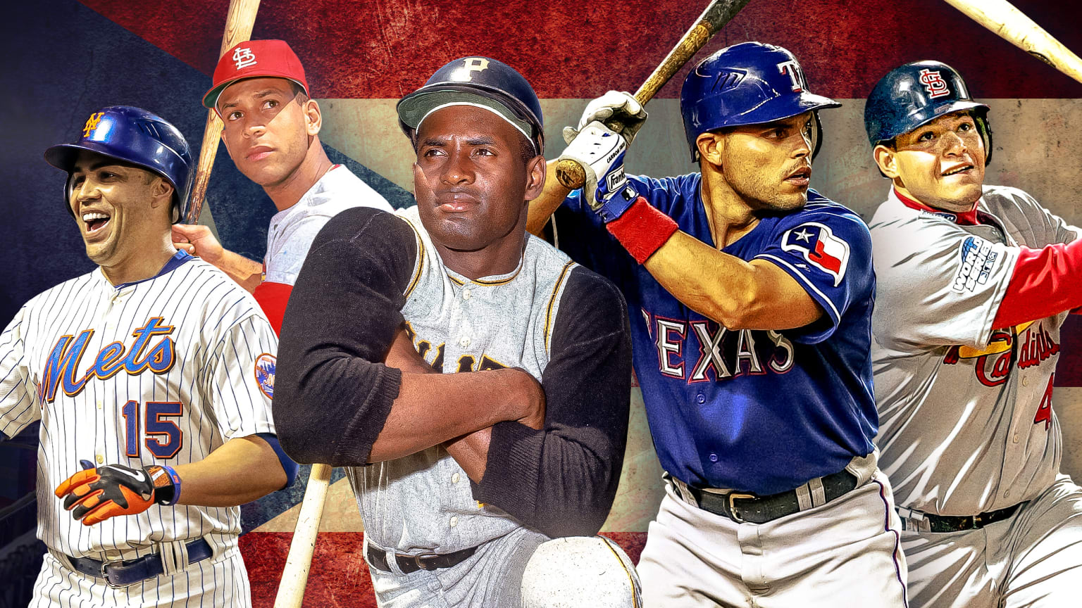 The Puerto Rican flag serves as a backdrop for cutout images of five players: Carlos Beltran, Orlando Cepeda, Roberto Clemente, Ivan Rodriguez and Yadier Molina
