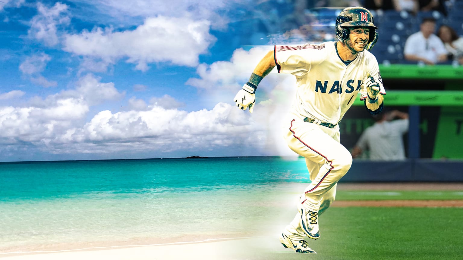 A designed image of Double-A player Adam Hall superimposed over a beach and baseball field
