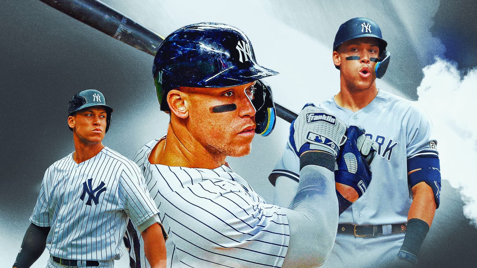 A composite image showing Aaron Judge in 3 poses against a background of fog