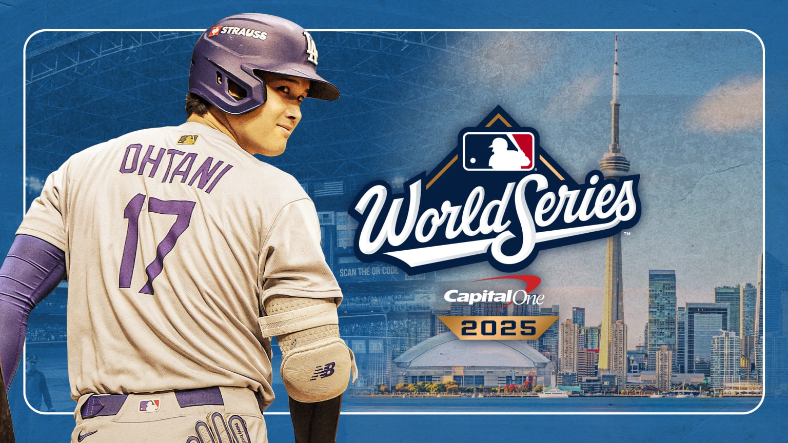 A designed image of Shohei Ohtani next to the skyline of Toronto with the World Series logo in the middle