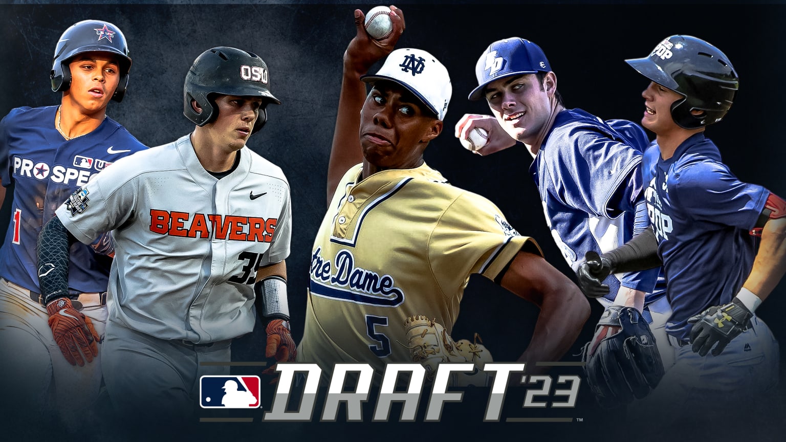 A photo illustration showing five prospects as high school and college players