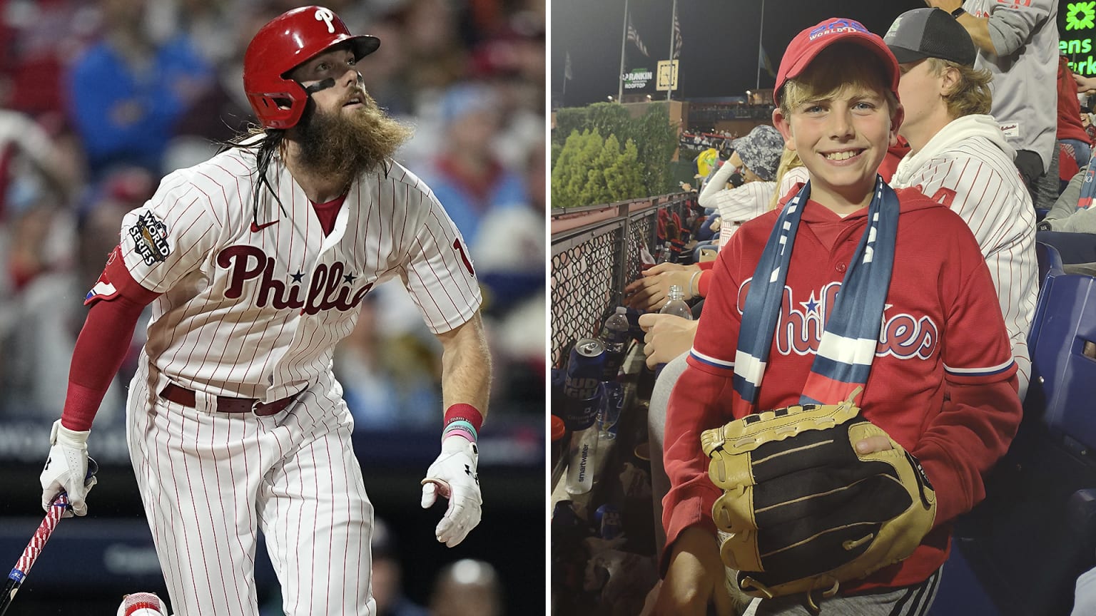 A split photo shows Brandon Marsh watching the flight of his home run and a young Phillies fan in the right field seats.