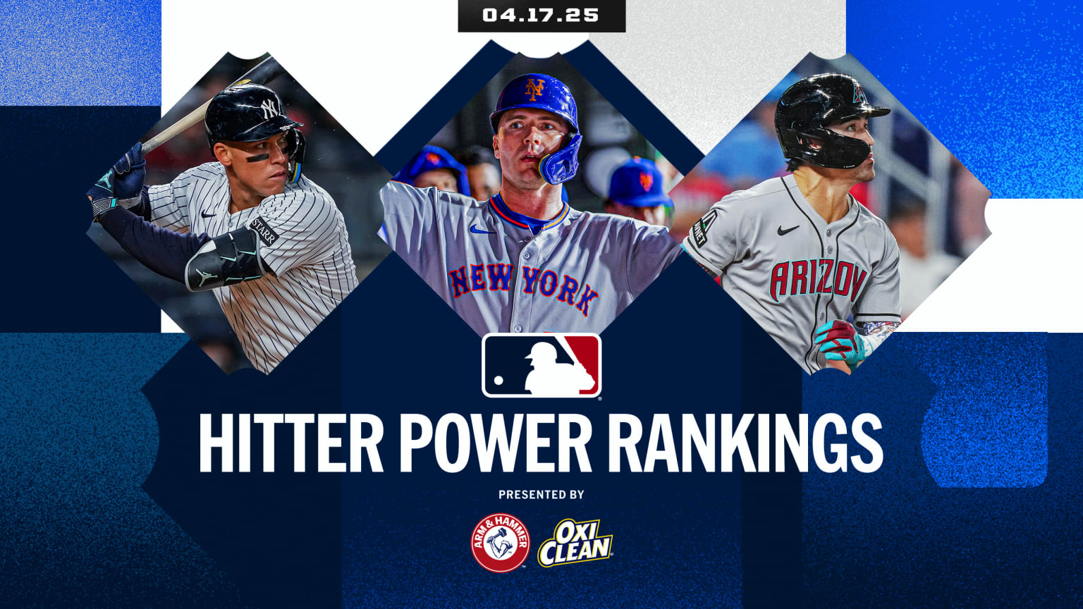 Pictures of Aaron Judge, Pete Alonso and Corbin Carroll above the Hitter Power Rankings logo