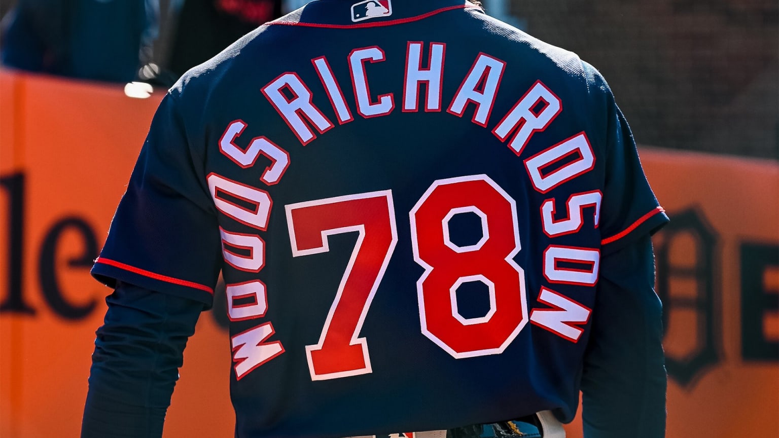 Photo shows the back of jersey with the name Woods Richardson wrapping all the way around the number 78