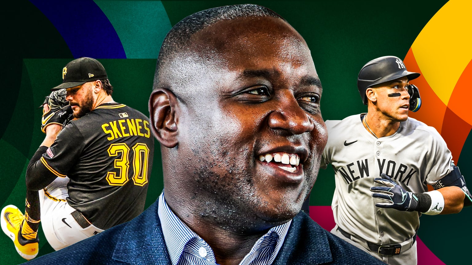 A collage of Team USA GM Michael Hill flanked by Paul Skenes and Aaron Judge