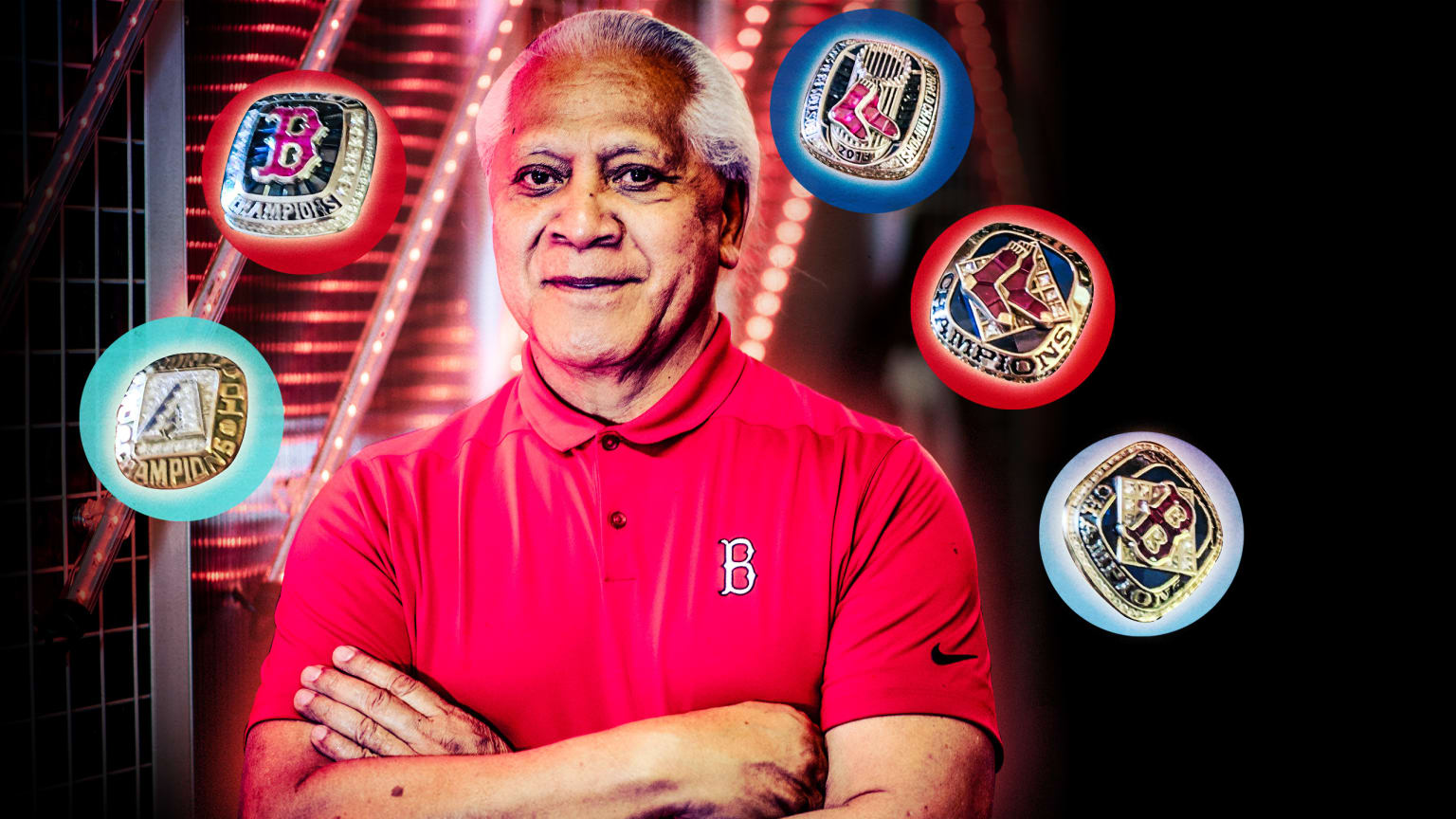 Russell Noa is pictured with images of his five World Series rings