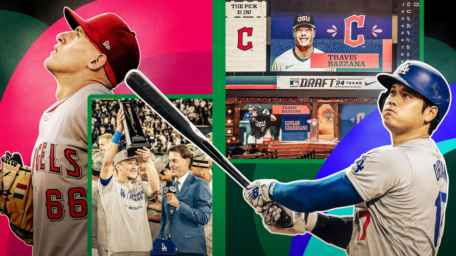 A collage of 2024 international storylines, including Shohei Ohtani, Samuel Aldegheri and Tommy Edman