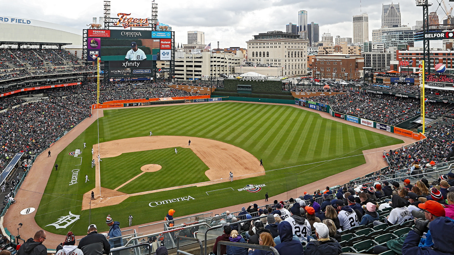 A view of Comerica Park from behind home plate