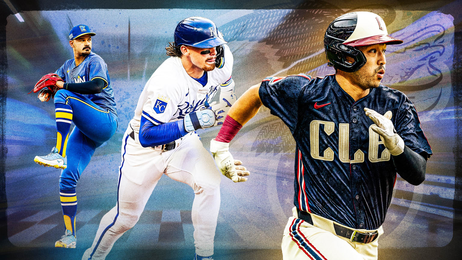 A photo montage of Pablo López of the Twins, Bobby Witt Jr. of the Royals and Steven Kwan of the Guardians