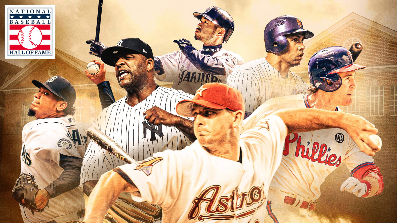 A photo illustration of six players on the Hall of Fame ballot: Félix Hernández, CC Sabathia, Billy Wagner, Ichiro Suzuki, Carlos Beltrán and Chase Utley