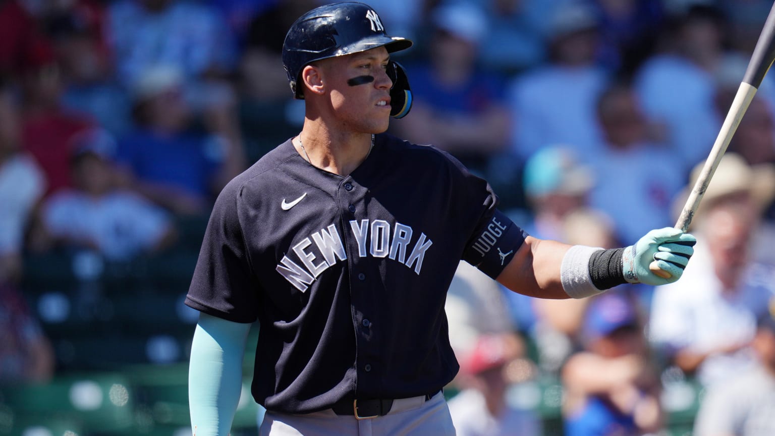 Aaron Judge at bat in a blue jersey in Spring Training