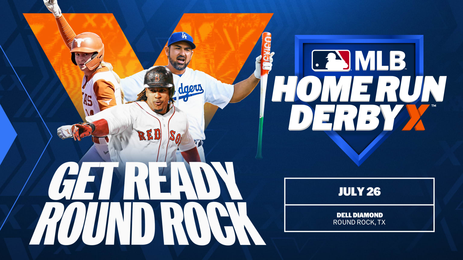 Reese Atwood, Manny Ramirez and Adrián González with the Home Run Derby X logo