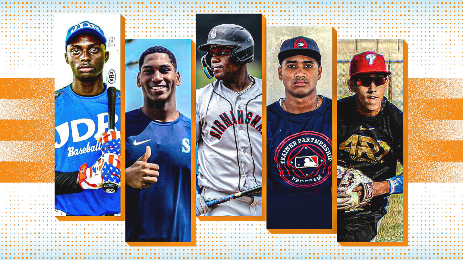 5 prospects arranged in narrow vertical rectangles over an orange-and-white background
