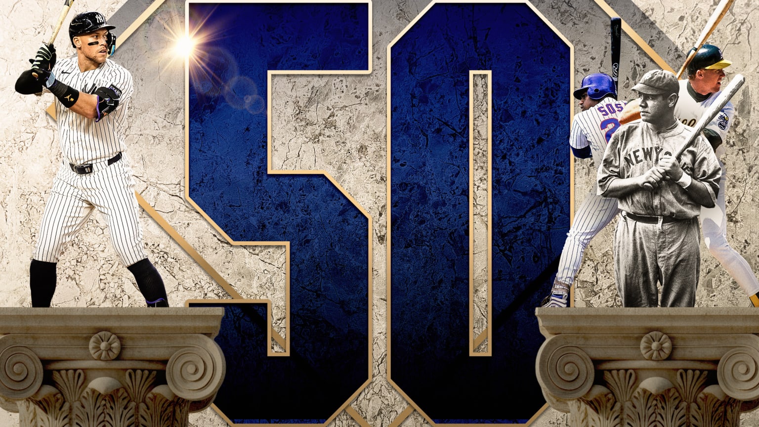 An image showing Aaron Judge, Sammy Sosa, Babe Ruth and Mark McGwire with a large number 50 in the middle