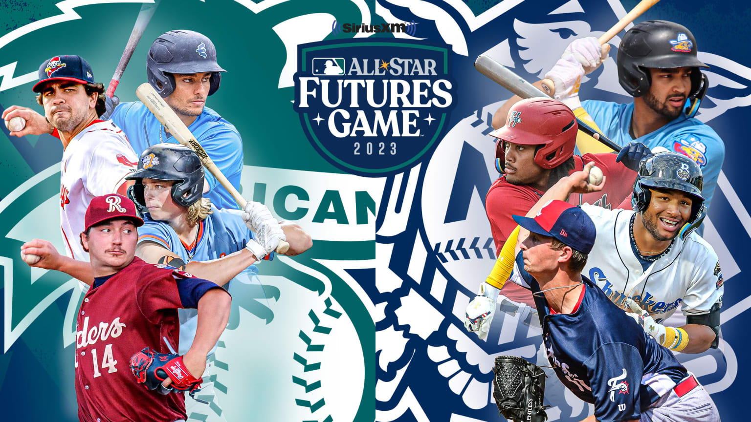 A photo illustration of 8 prospects flanking the 2023 Futures Game logo