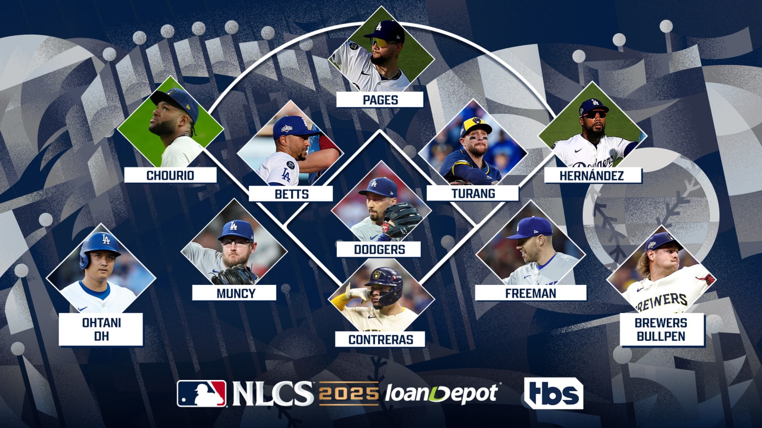 A designed image of a baseball diamond with images of the best player at each position in the NLCS