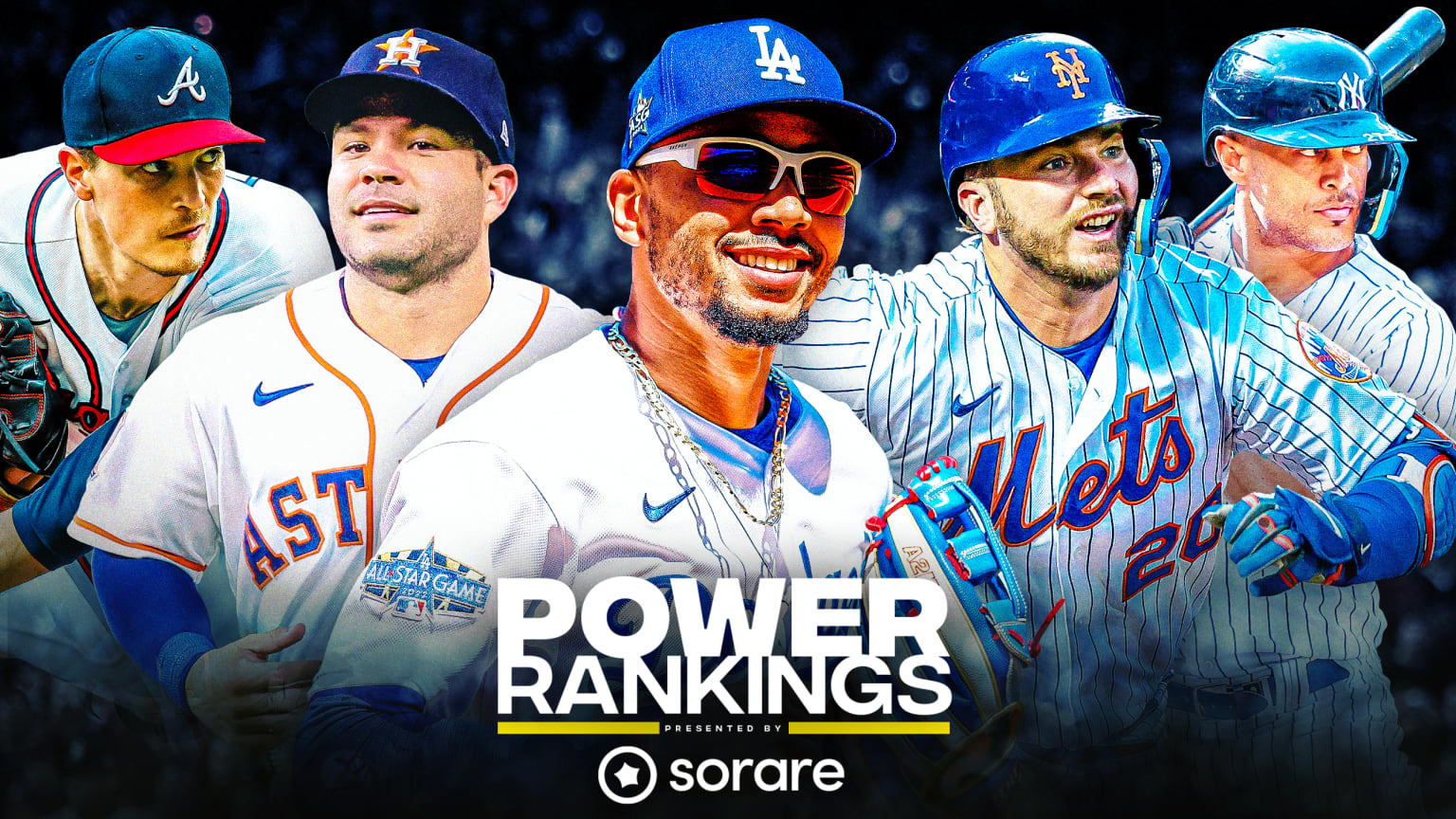 Photos of Max Fried, Jose Altuve, Mookie Betts, Pete Alonso and Giancarlo Stanton shown behind a Power Rankings logo
