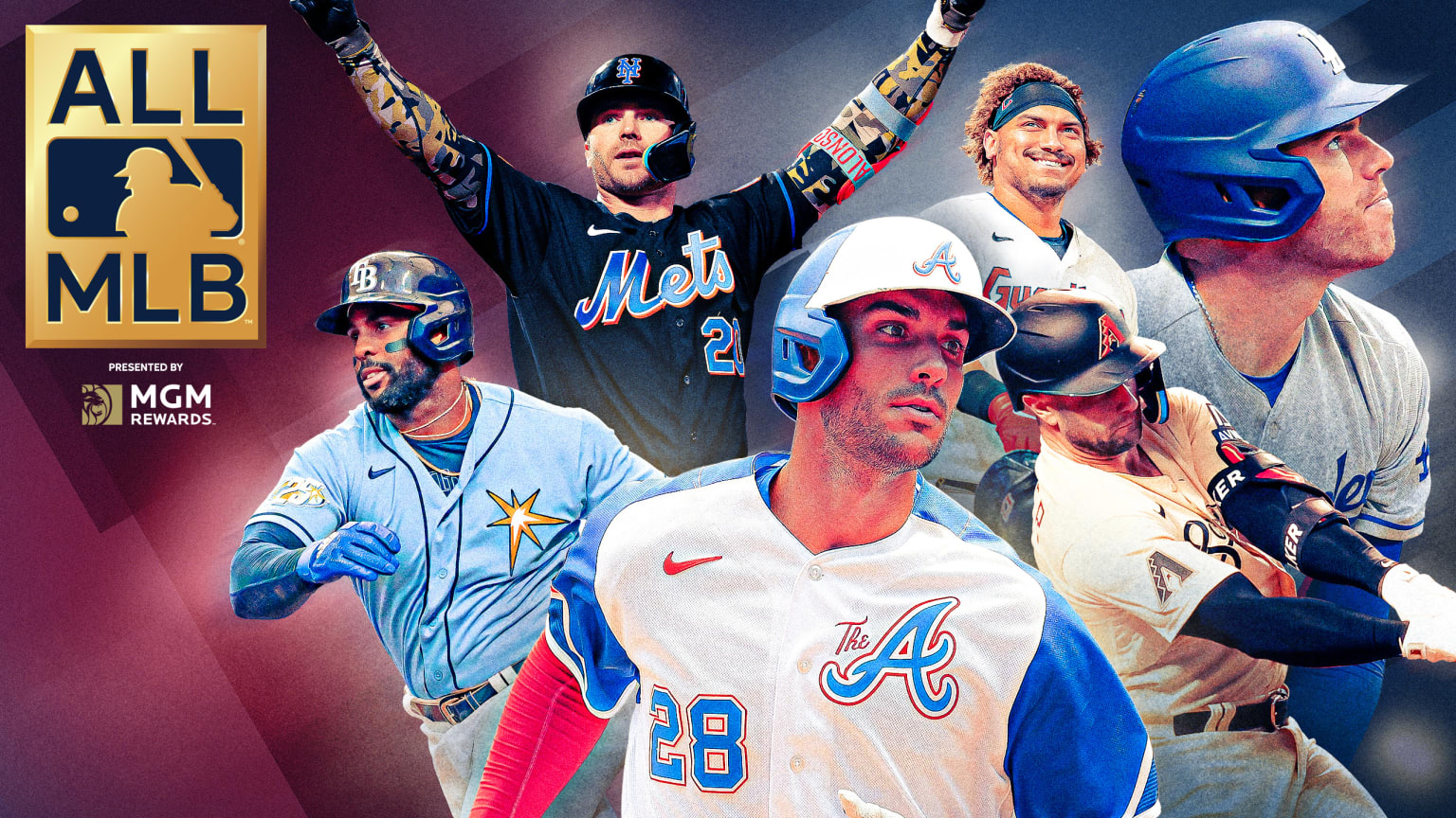 Pete Alonso, Josh Naylor, Freddie Freeman, Yandy Díaz, Matt Olson and Christian Walker are pictured next to the All-MLB logo