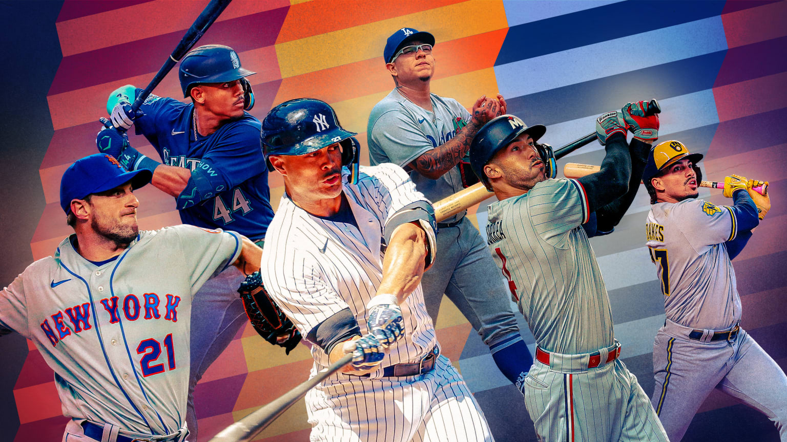 Max Scherzer, Julio Rodríguez, Giancarlo Stanton, Julio Urías, Carlos Correa and Willy Adames are pictured