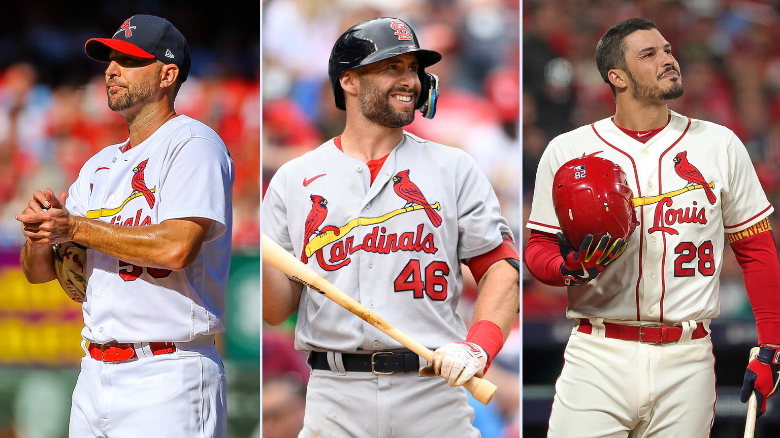 A split image of Adam Wainwright, Paul Goldschmidt and Nolan Arenado