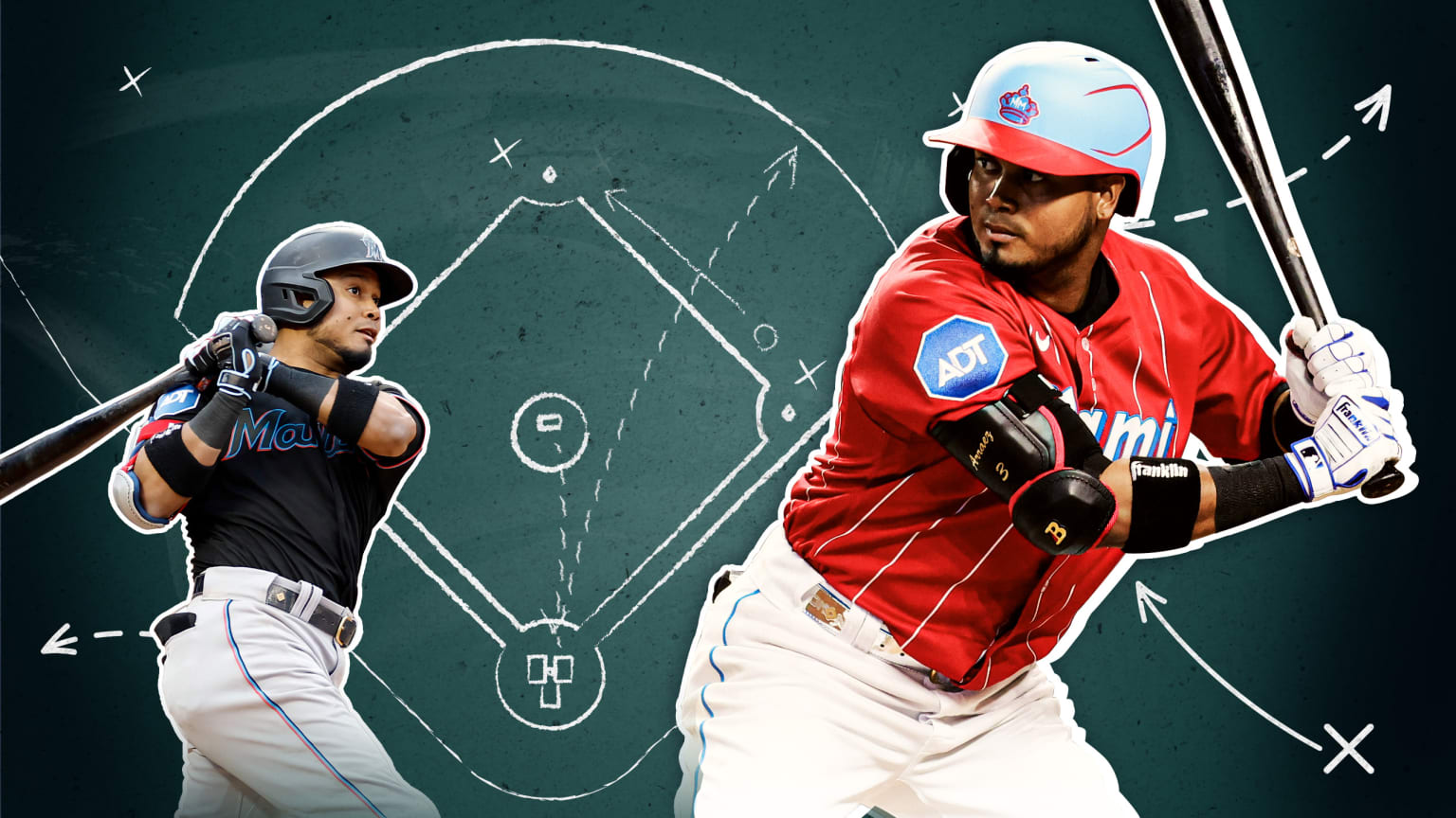 A designed image showing two pictures of Luis Arraez batting over a diagram of a baseball field