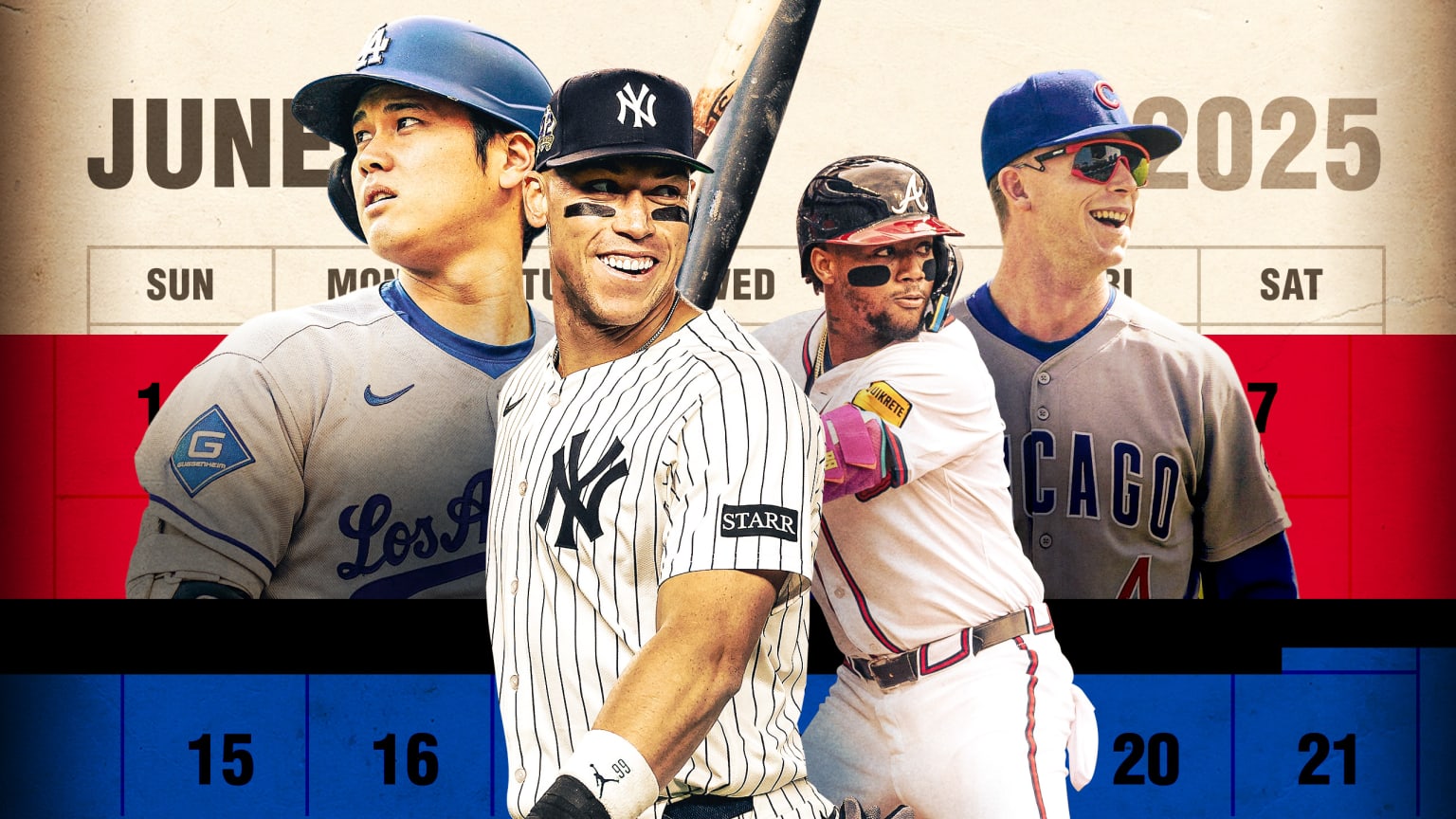 Shohei Ohtani, Aaron Judge, Ronald Acuña Jr. and Pete Crow-Armstrong with a June calendar behind them