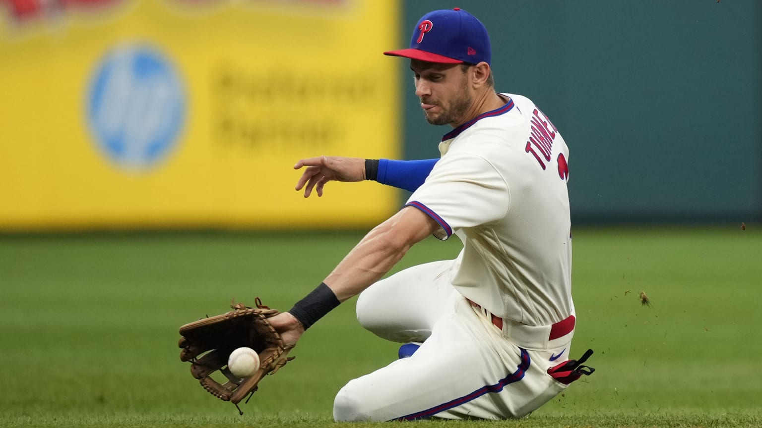 Trea Turner makes a sliding stop