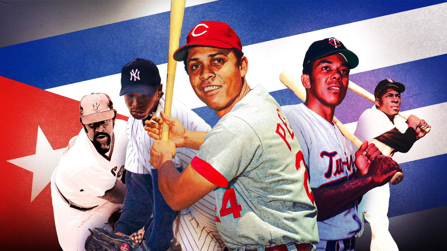Five baseball players superimposed over the Cuban flag