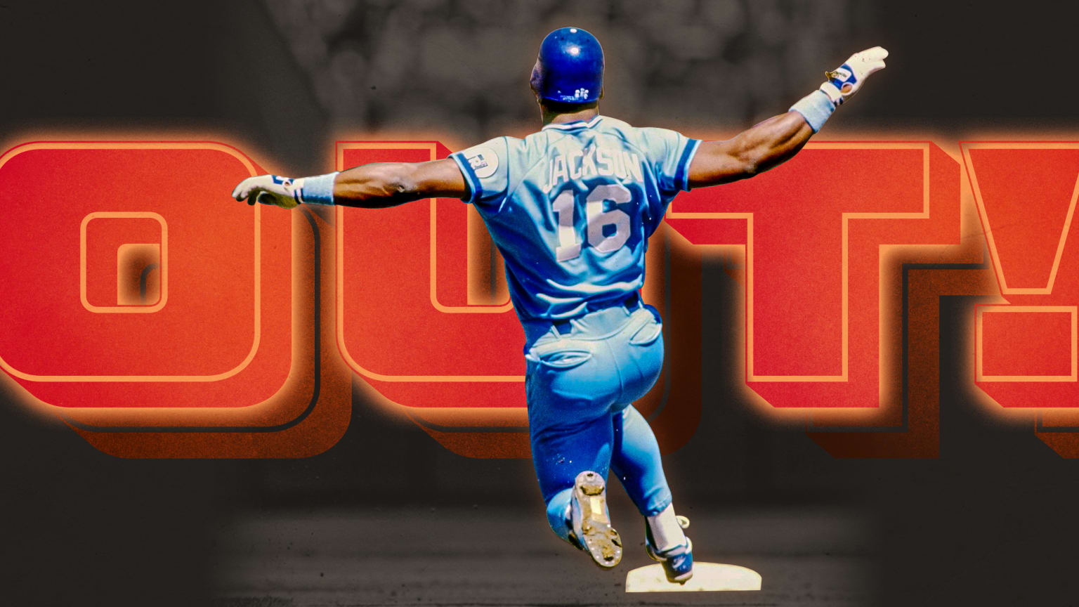 A designed image showing Bo Jackson in front of the word ''out''