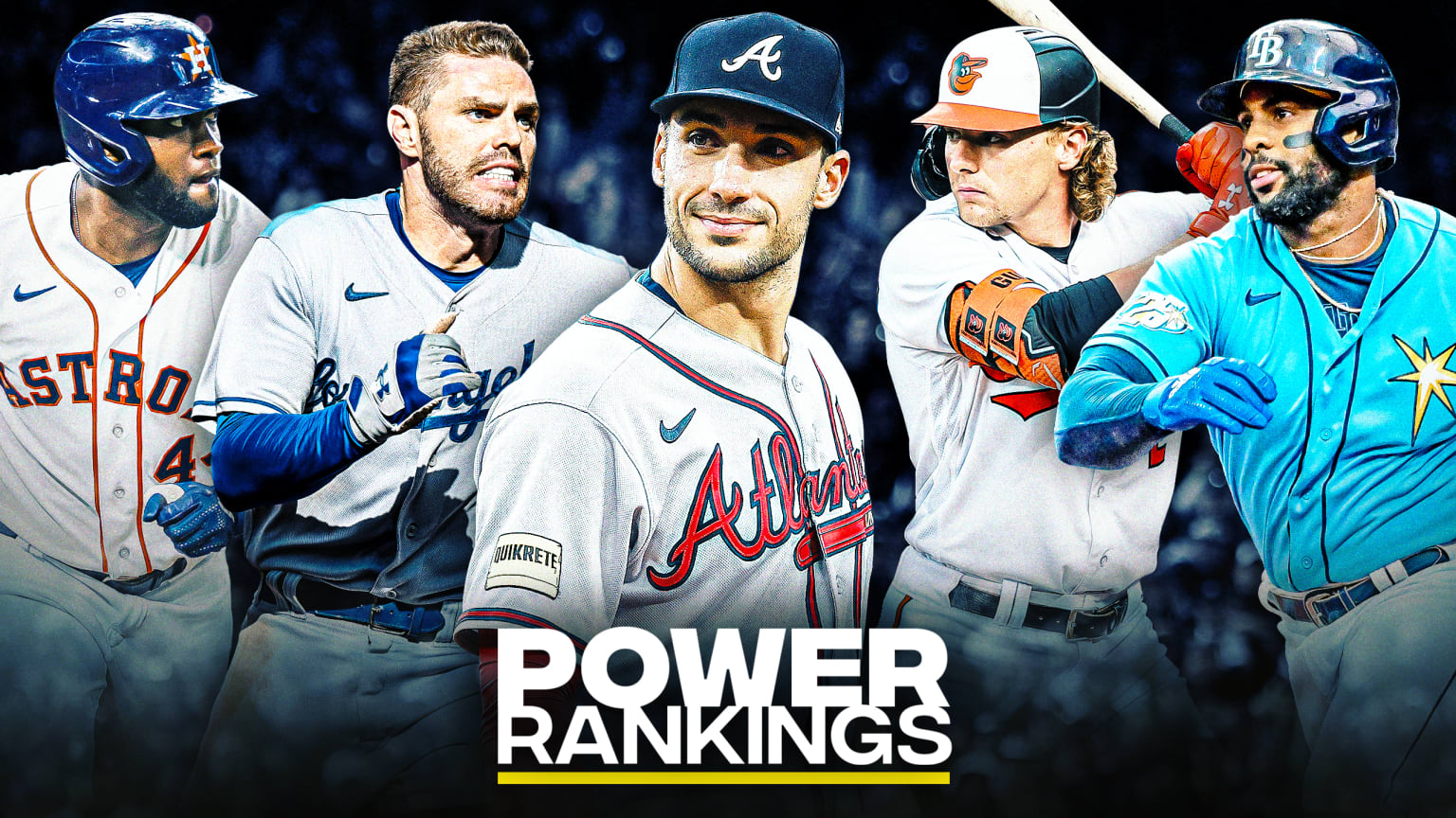 Yordan Alvarez, Freddie Freeman, Matt Olson, Gunnar Henderson and Yandy Díaz are pictured above the words Power Rankings