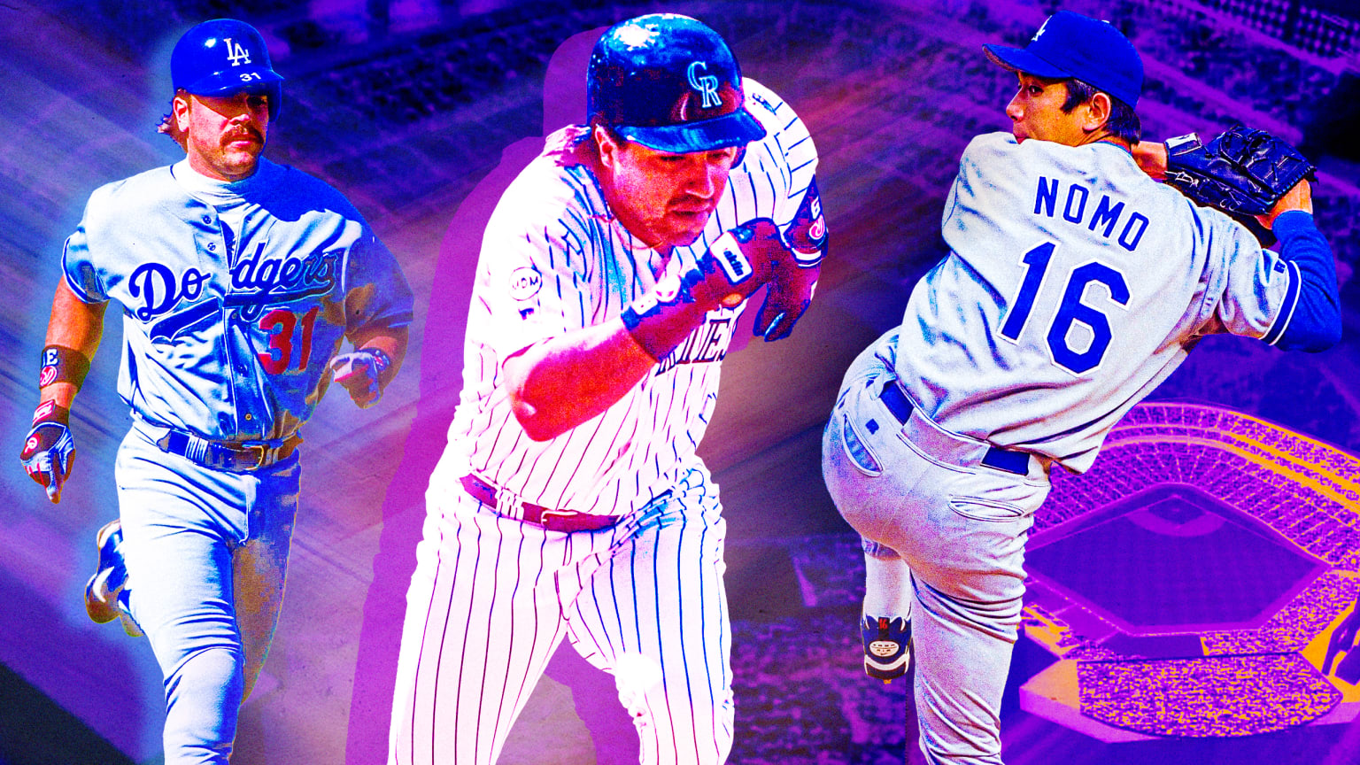 Mike Piazza, Vinny Castilla and Hideo Nomo in a designed image over graphic of Coors Field